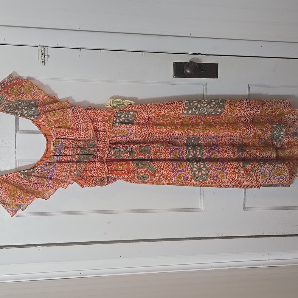 BOHO Orange PAISLEY ON OR OFF SHOULDER HI LO FUN LARGE DRESS